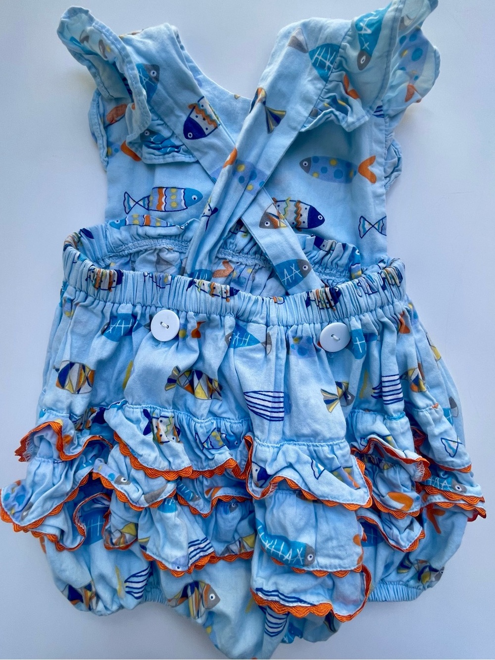 9 months Ruffles and Frogs Boutique Blue Fish Print Baby Girl Bubble Romper